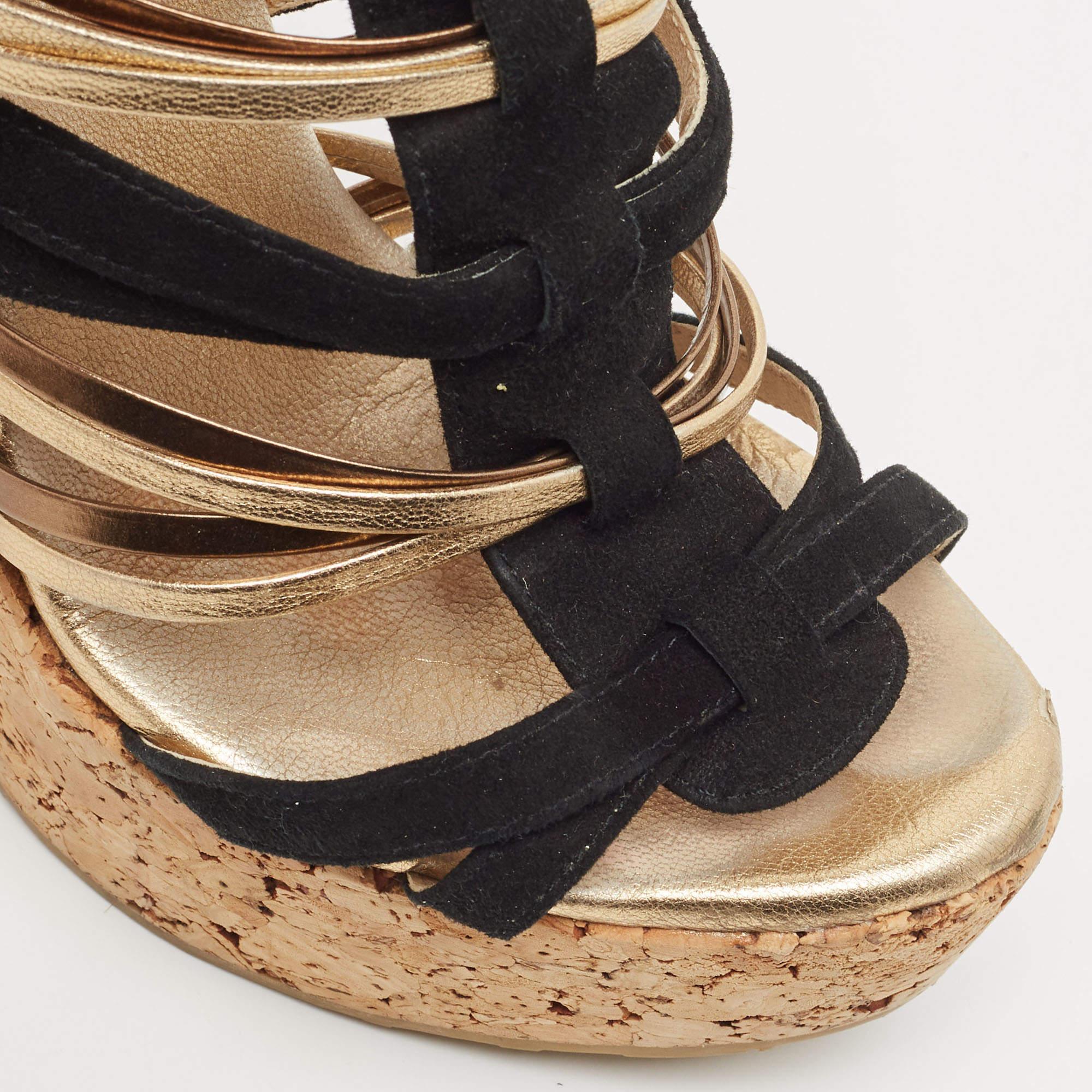 Jimmy Choo Black/Gold Suede and Leather Wedge Sandals Size 37 For Sale 1