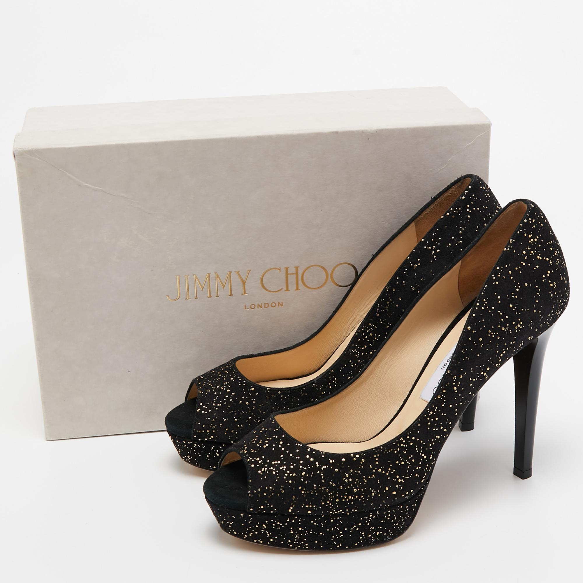 Jimmy Choo Black/Gold Suede Platform Open Toe Pumps Size 39 For Sale 5