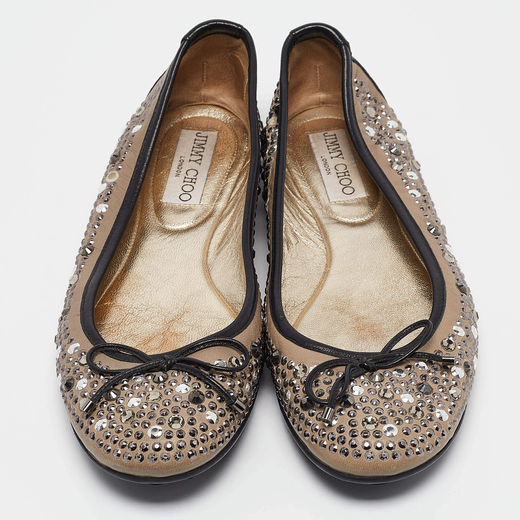 Jimmy Choo Schwarz/graue kristallverzierte Weber-Ballerinas aus Leder Größe 38 (Grau) im Angebot