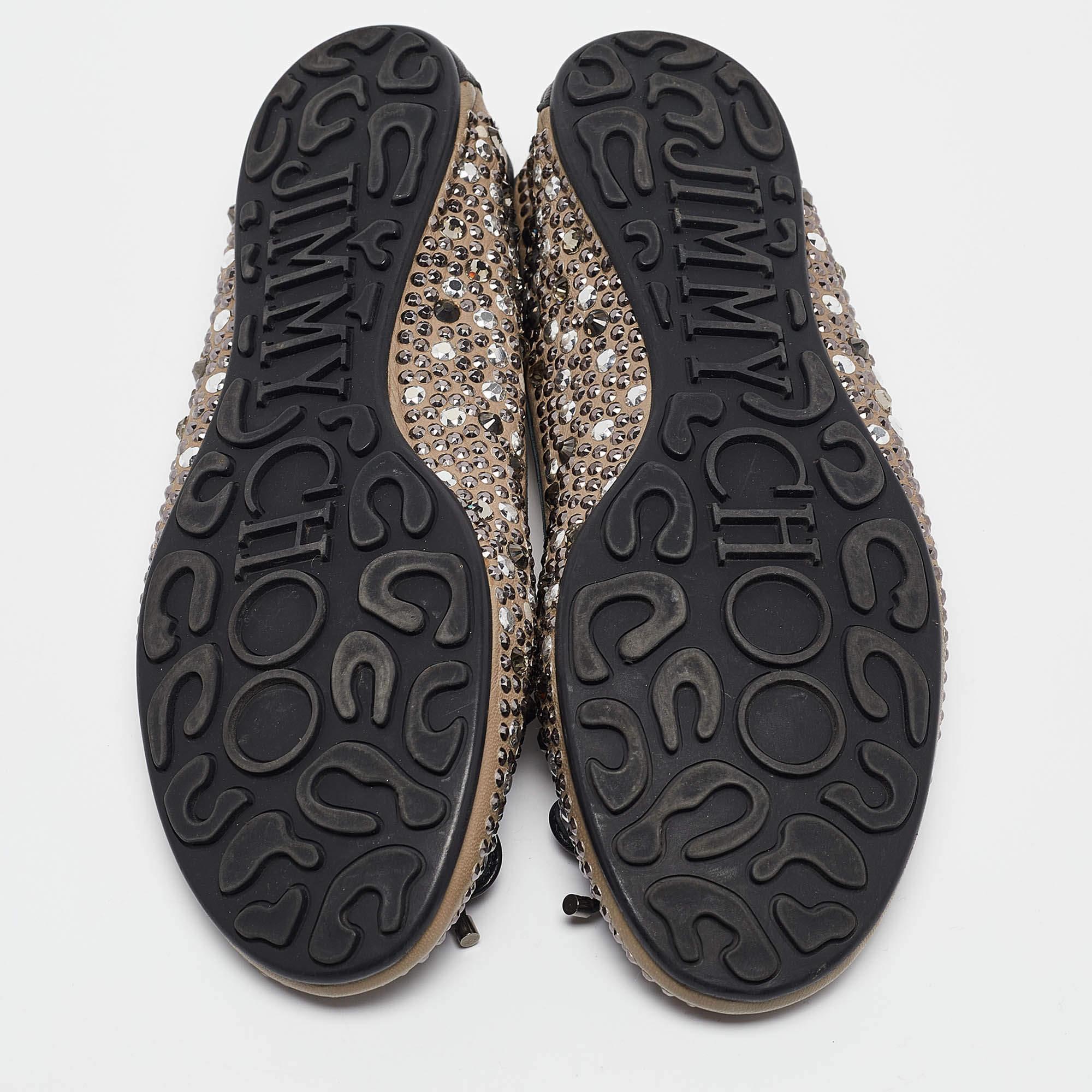Jimmy Choo Schwarz/graue kristallverzierte Weber-Ballerinas aus Leder Größe 38 im Angebot 1