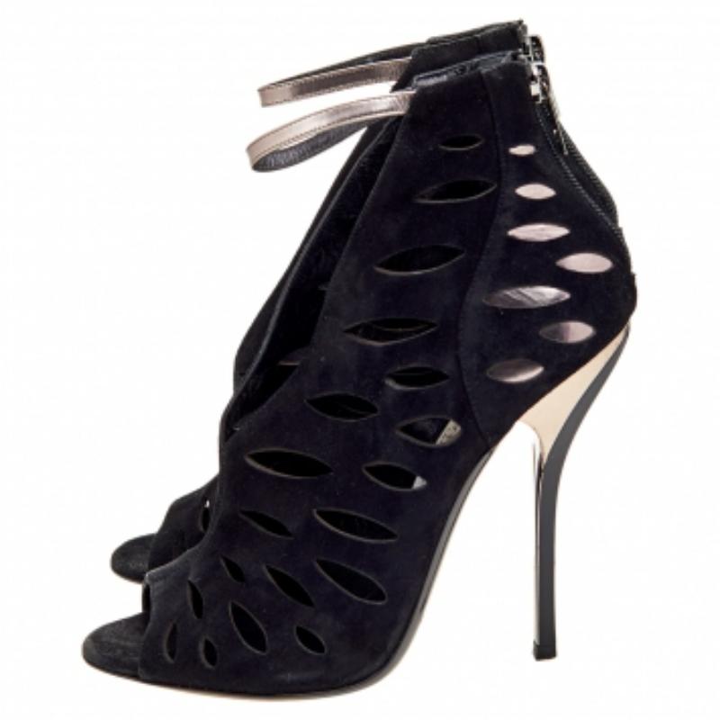 Jimmy Choo Black/Grey Suede And Leather Drift Cutout Peep Toe Booties Size 38.5 1