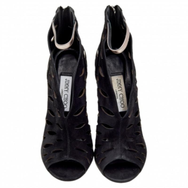 Jimmy Choo Black/Grey Suede And Leather Drift Cutout Peep Toe Booties Size 38.5 3