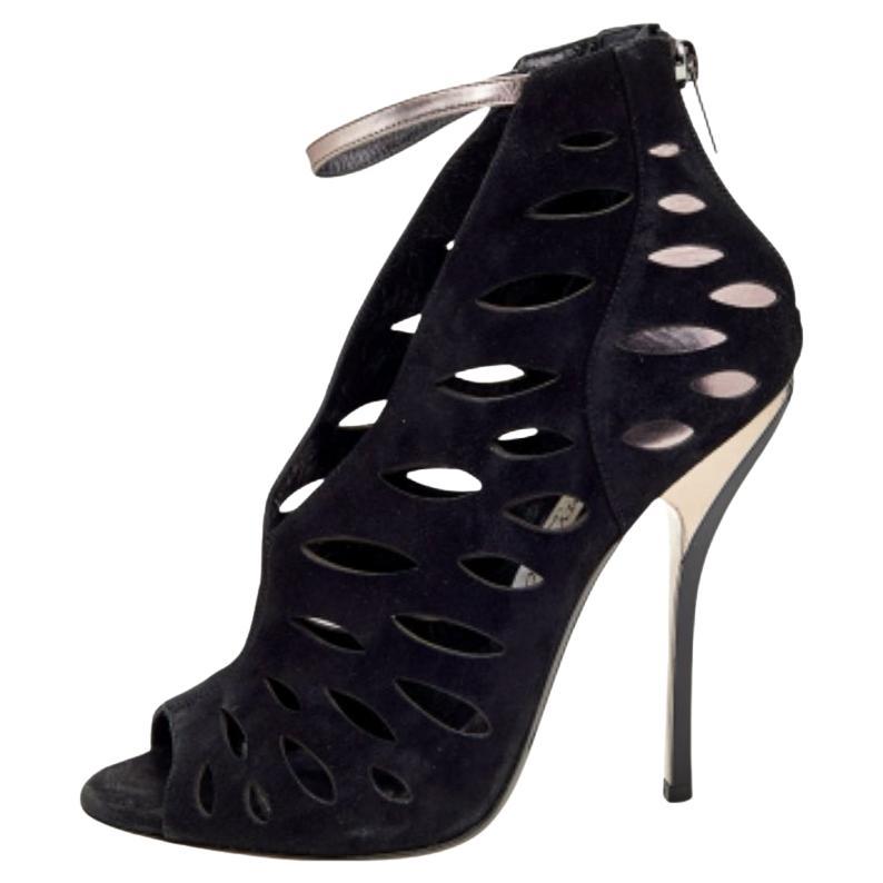 Jimmy Choo - Bottines peep toes en daim et cuir Drift noir/gris Taille 38.5