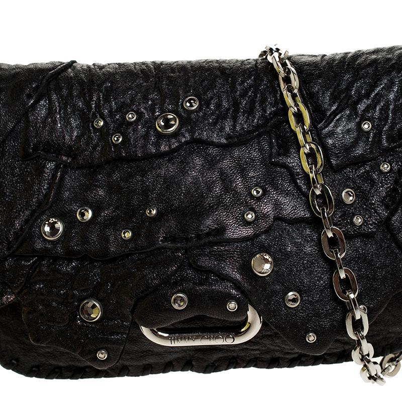 Jimmy Choo Black Jewel Embellished Leather Flap Chain Shoulder Bag 6