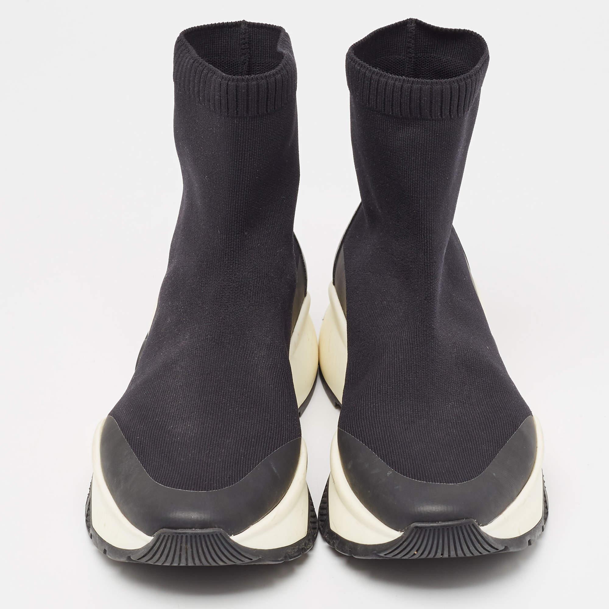 Jimmy Choo Black Knit Fabric and Leather Raine High Top Sneakers Size 38 In Good Condition For Sale In Dubai, Al Qouz 2