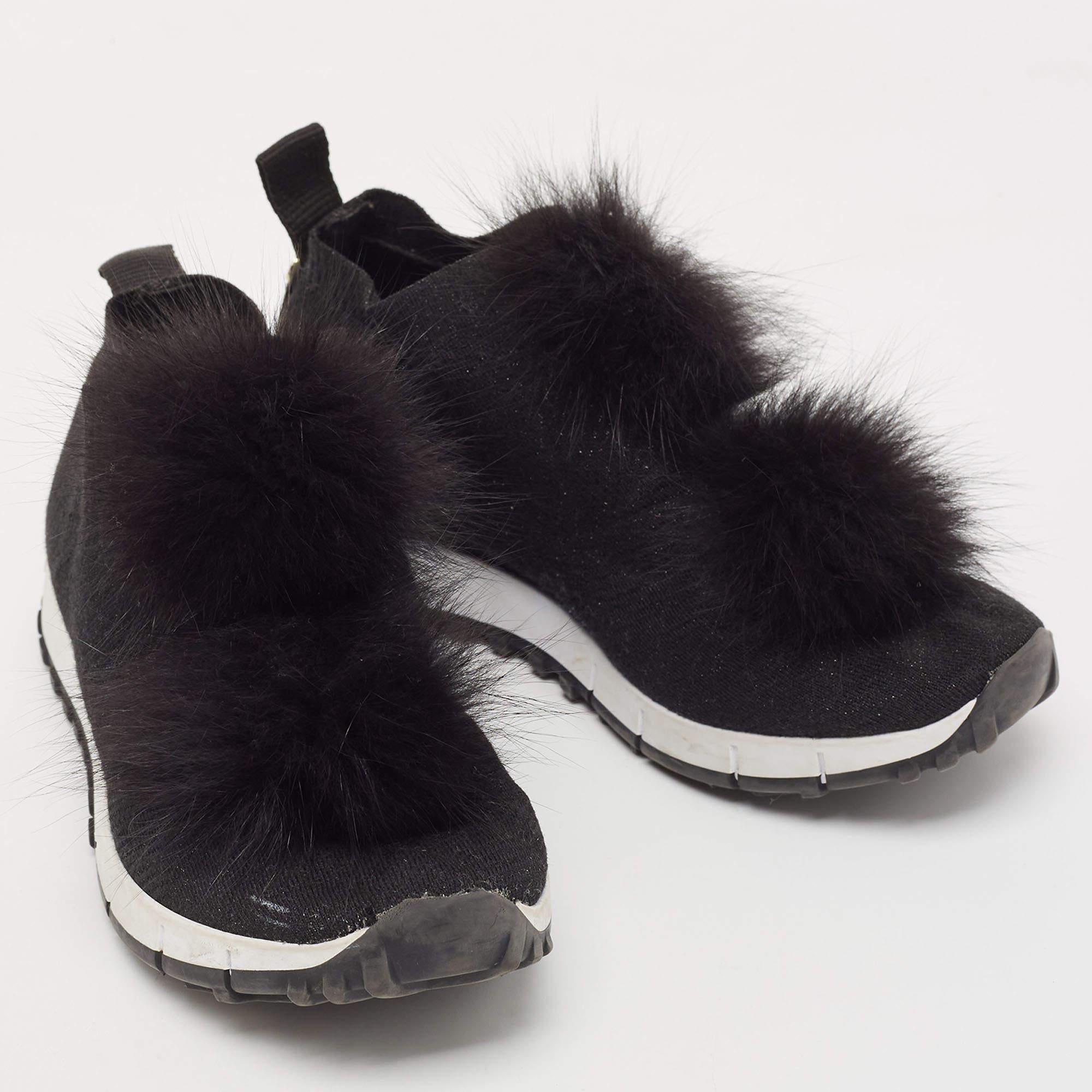 Women's or Men's Jimmy Choo Black Knit Fabric and Lurex Norway Pom Pom Sneakers Size 34 (Kids) For Sale