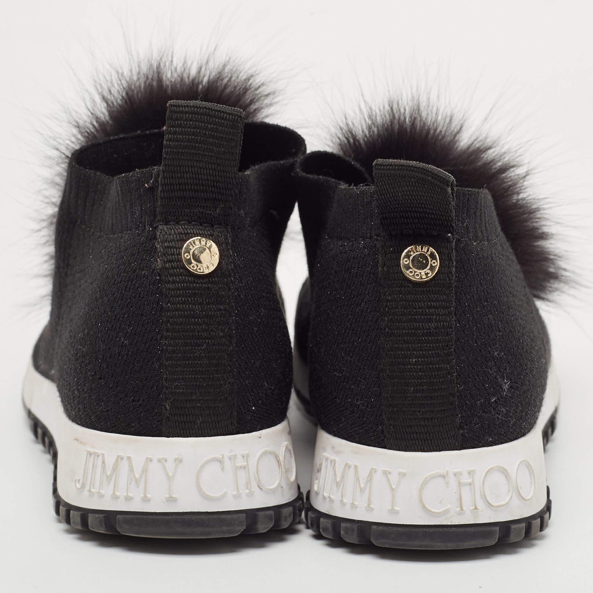 Jimmy Choo Black Knit Fabric and Lurex Norway Pom Pom Sneakers Size 34 (Kids) For Sale 1