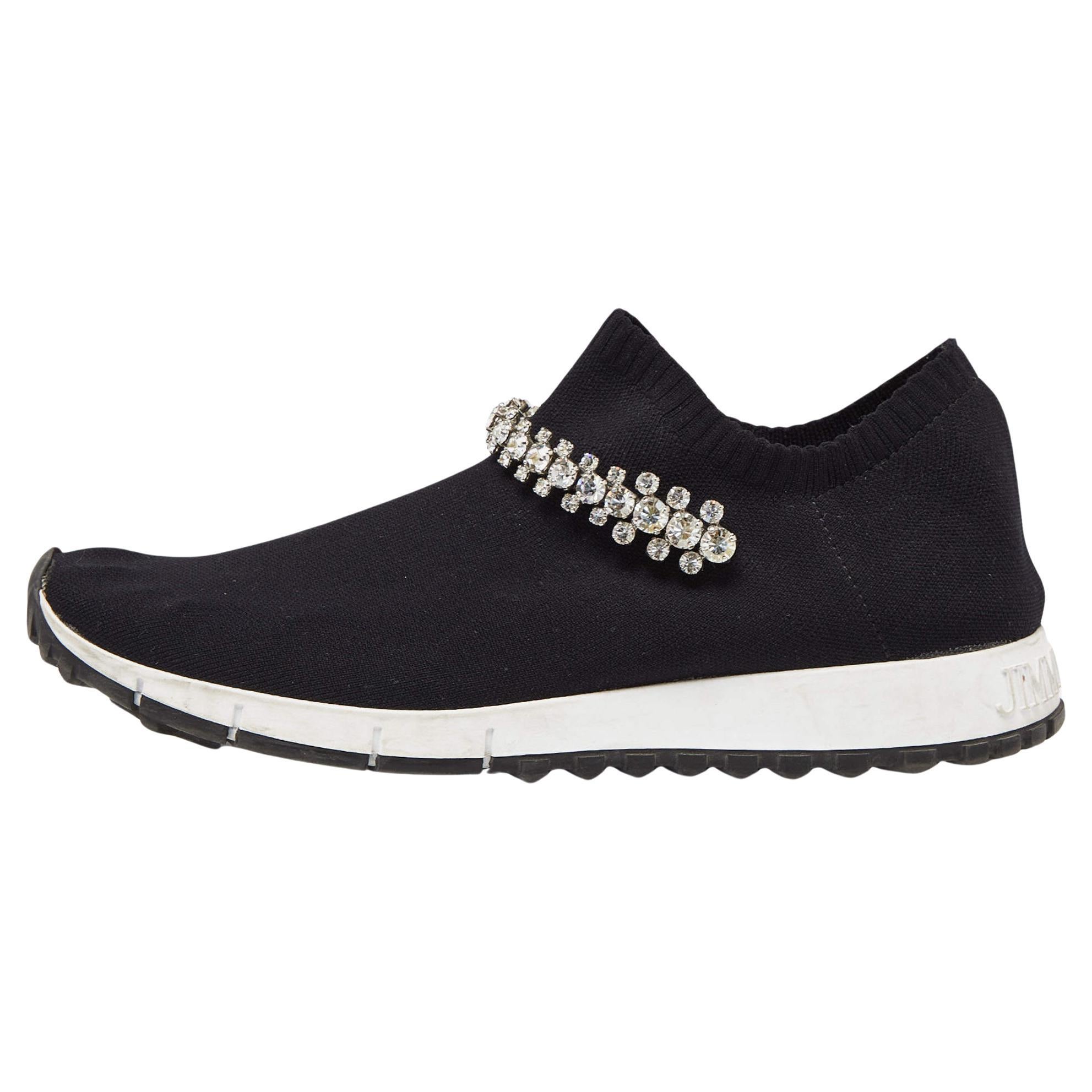 Jimmy Choo Black Knit Fabric Crystal Embellished Verona Sneakers Size 38 For Sale