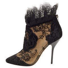 Jimmy Choo Black Lace and Floral Embroidered Suede Kamaris Ankle Booties Size 37
