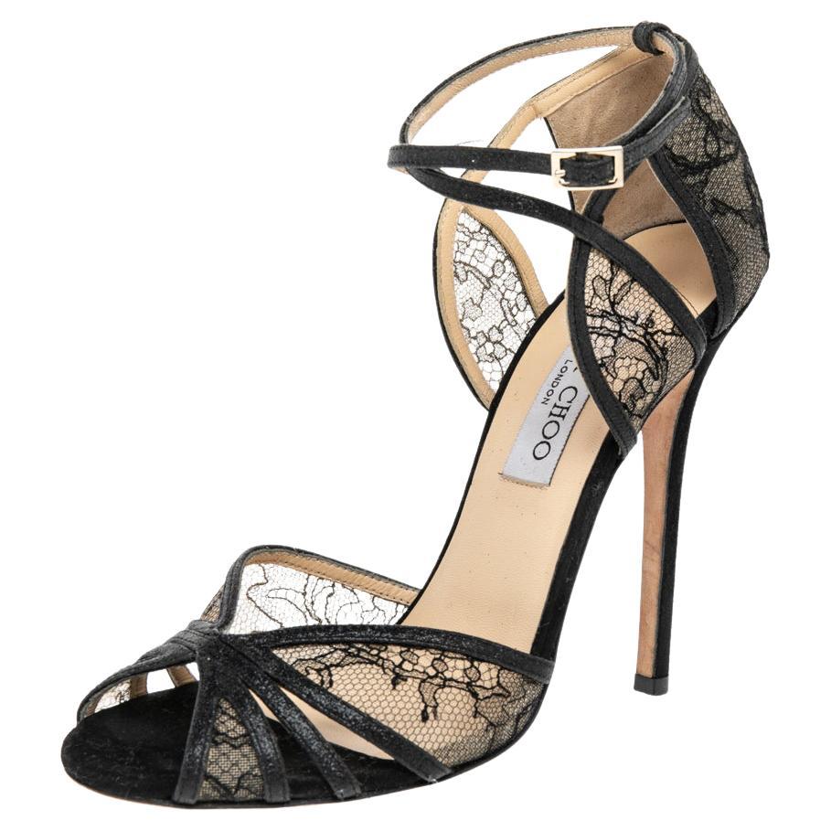Jimmy Choo Purple Leather and Lace Laurita Platform Ankle Strap Sandals ...
