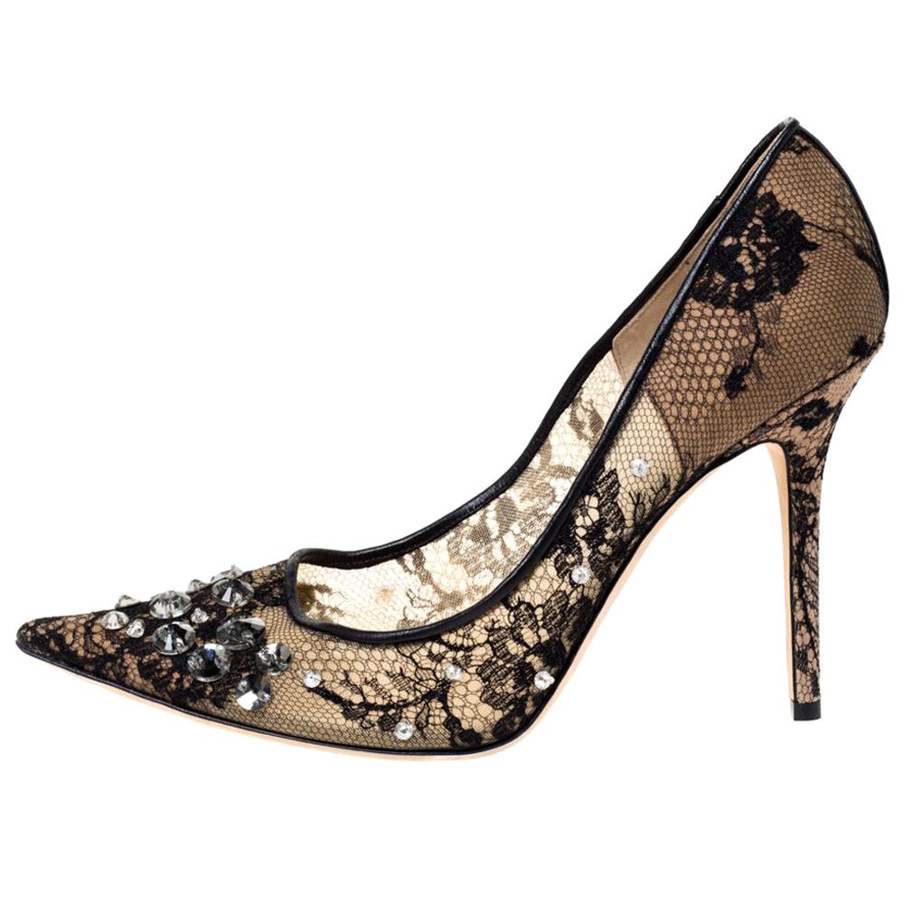 Jimmy Choo Black Lace And Leather Trim Embellished Pointed Toe Pumps ...
