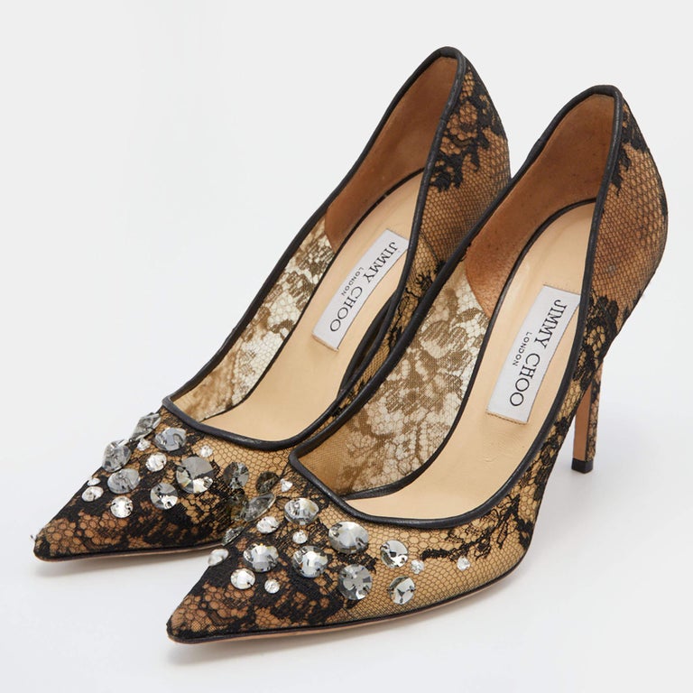 Jimmy Choo Black Lace and Mesh Crystal Embellished Pointed Toe Pumps