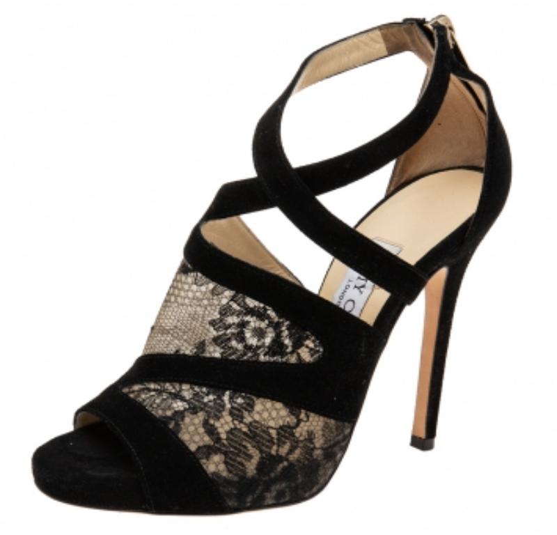 Jimmy Choo Schwarze Flyte-Sandalen aus Spitze und Wildleder Größe 36,5 Damen im Angebot