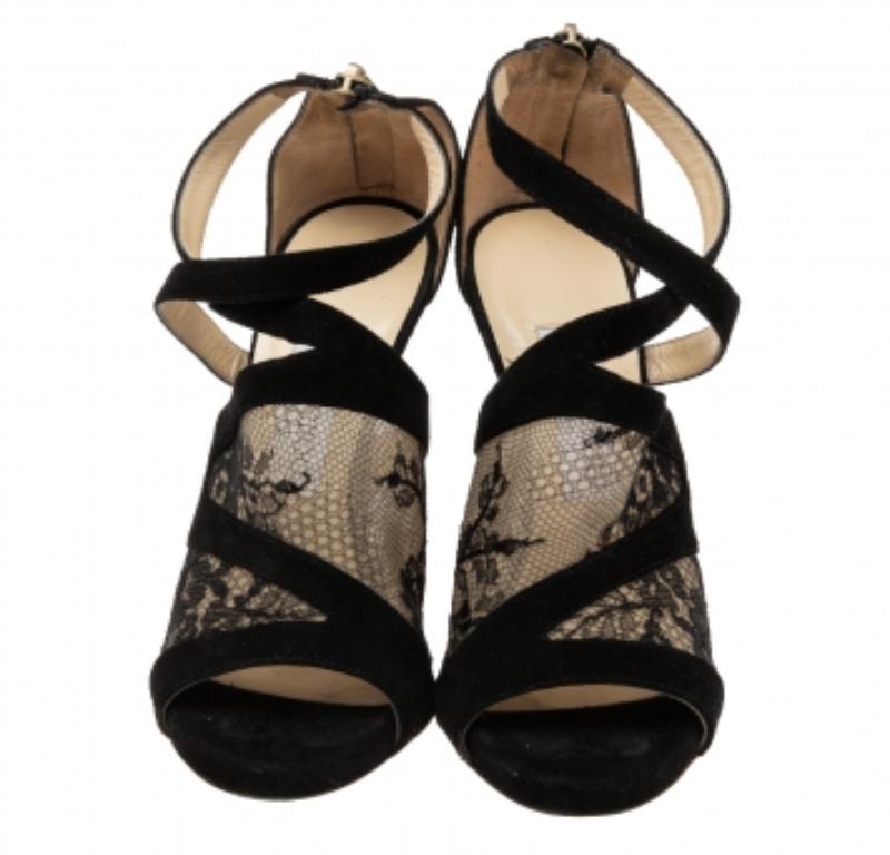 Jimmy Choo Schwarze Flyte-Sandalen aus Spitze und Wildleder Größe 36,5 im Angebot 1