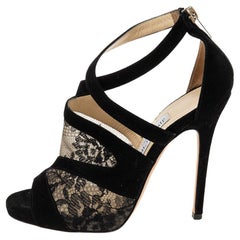 Used Jimmy Choo Black Lace and Suede Flyte Sandals Size 36.5