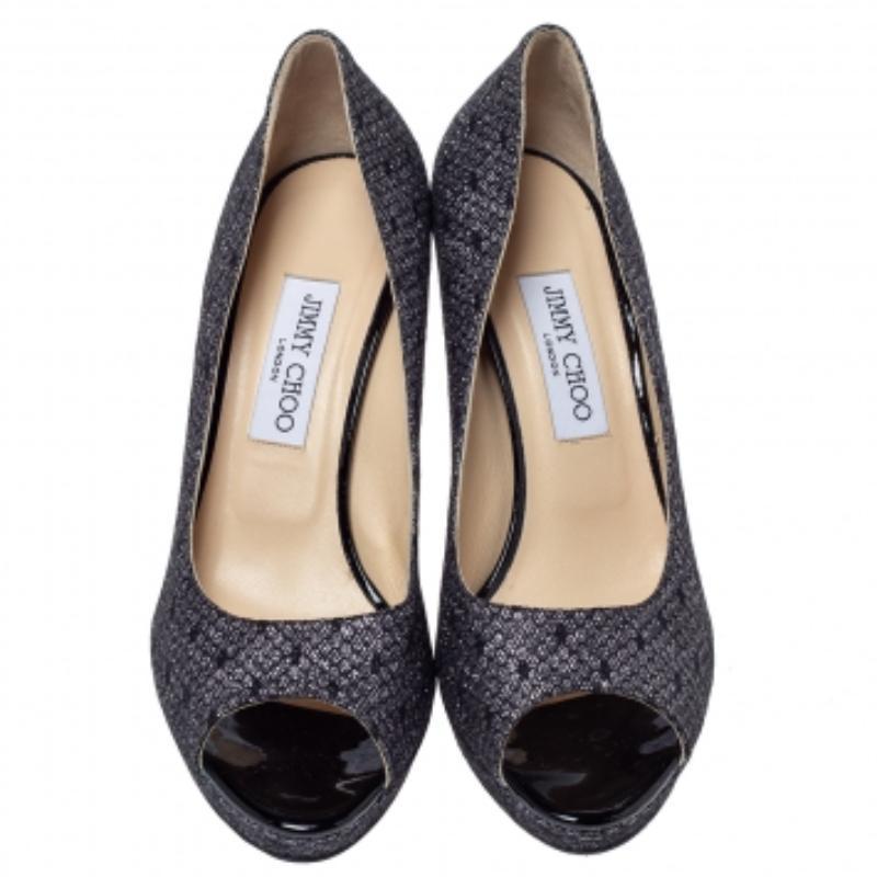Jimmy Choo Nero Pizzo Glitter Luna Peep Toe Platform Pumps Taglia 40 In condizioni buone in vendita a Dubai, Al Qouz 2