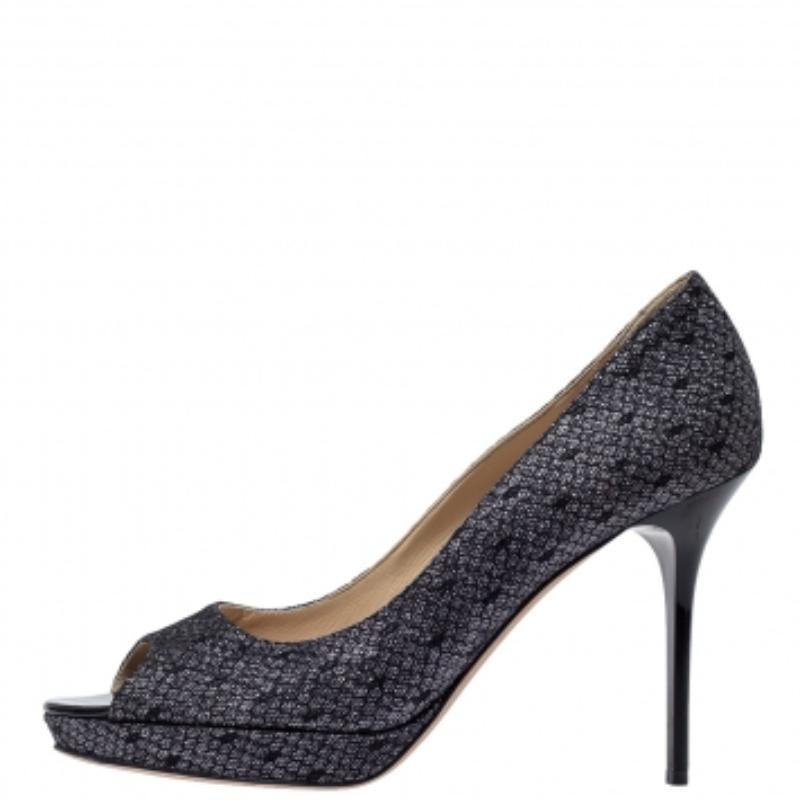 Jimmy Choo Nero Pizzo Glitter Luna Peep Toe Platform Pumps Taglia 40 in vendita 1