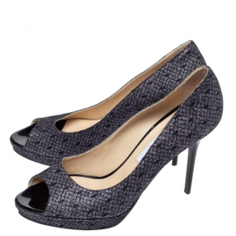 Jimmy Choo Nero Pizzo Glitter Luna Peep Toe Platform Pumps Taglia 40 in vendita 2