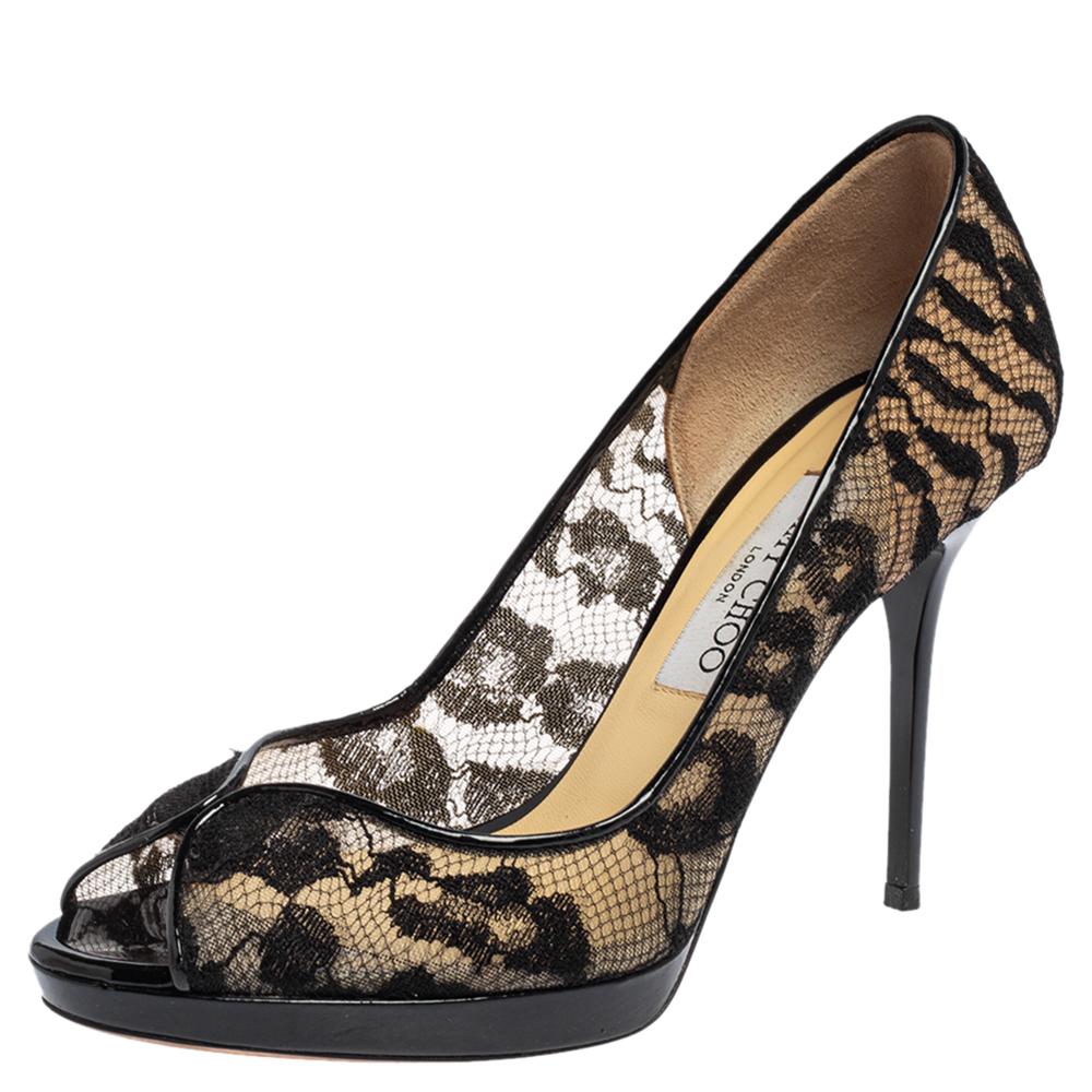 Those stylish outfits will look a lot more appealing with these pumps from Jimmy Choo. They have been crafted from black lace into a peep-toe silhouette and elevated on 10 cm heels. They are easy to slip on and come endowed with comfortable