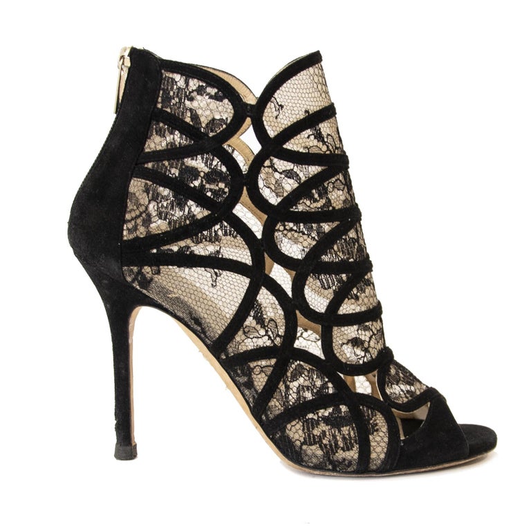 Jimmy Choo Black Lace Peeptoe Heels - Size 37 1/2 at 1stDibs | lace heels  black, black lace heels open toe, jimmy choo sandals