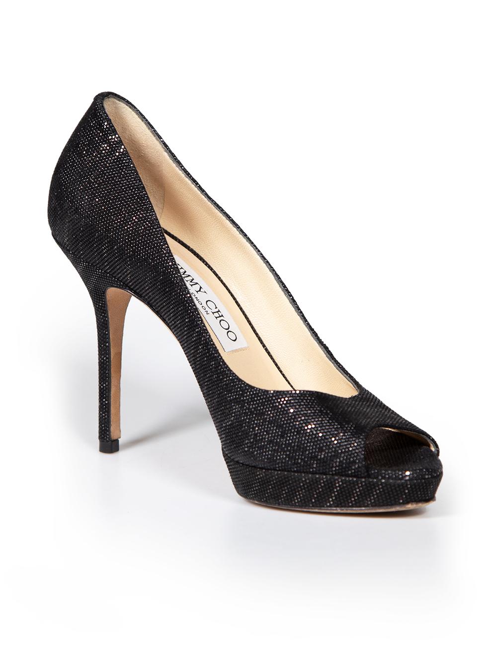 CONDITION is Very good. Minimal wear to heels is evident. Minimal wear to soles of both shoes on this used Jimmy Choo designer resale item.
 
 
 
 Details
 
 
 Black
 
 Cloth textile
 
 Heels
 
 Peep toe
 
 High heeled
 
 Platform
 
 Metallic