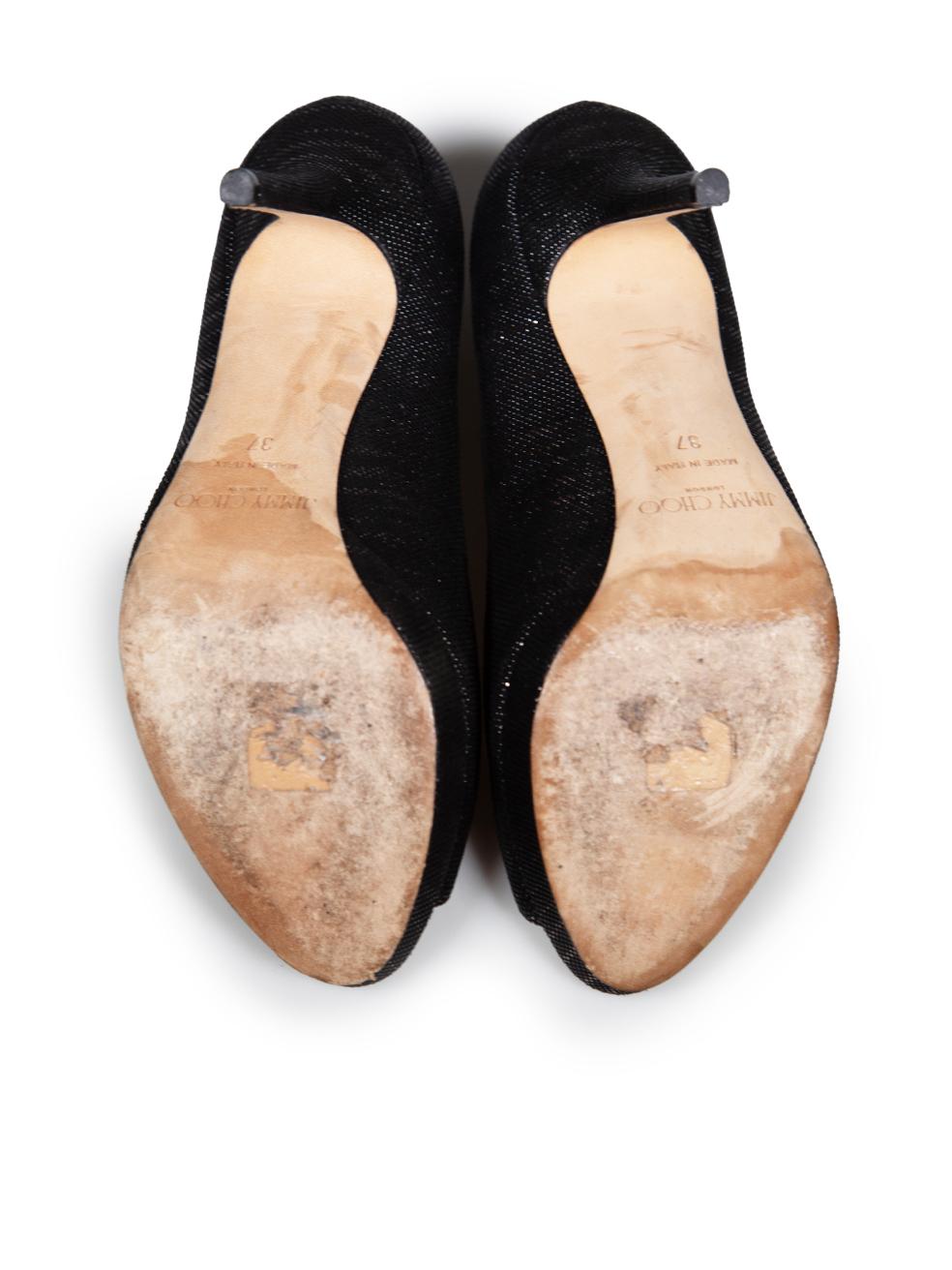 Women's Jimmy Choo Black Lamè Fabric Quiet Peep Toe Heels Size IT 37 For Sale