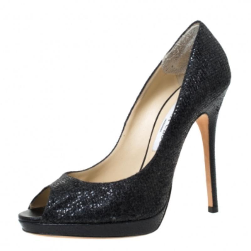 Jimmy Choo Nero Lamè Tessuto Quiet Peep Toe Platform Pumps Taglia 39.5 in vendita 1