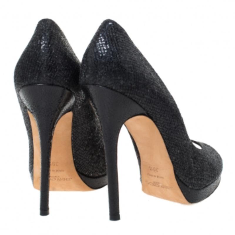 Jimmy Choo Nero Lamè Tessuto Quiet Peep Toe Platform Pumps Taglia 39.5 in vendita 4