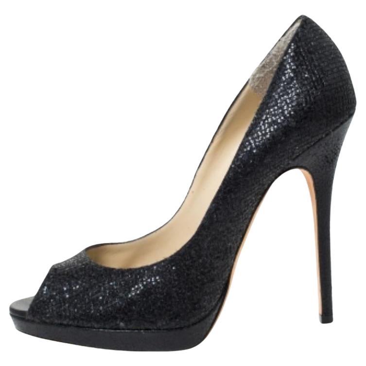 Jimmy Choo Nero Lamè Tessuto Quiet Peep Toe Platform Pumps Taglia 39.5 in vendita