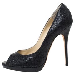 Jimmy Choo Black Lamè Fabric Quiet Peep Toe Platform Pumps Size 39.5