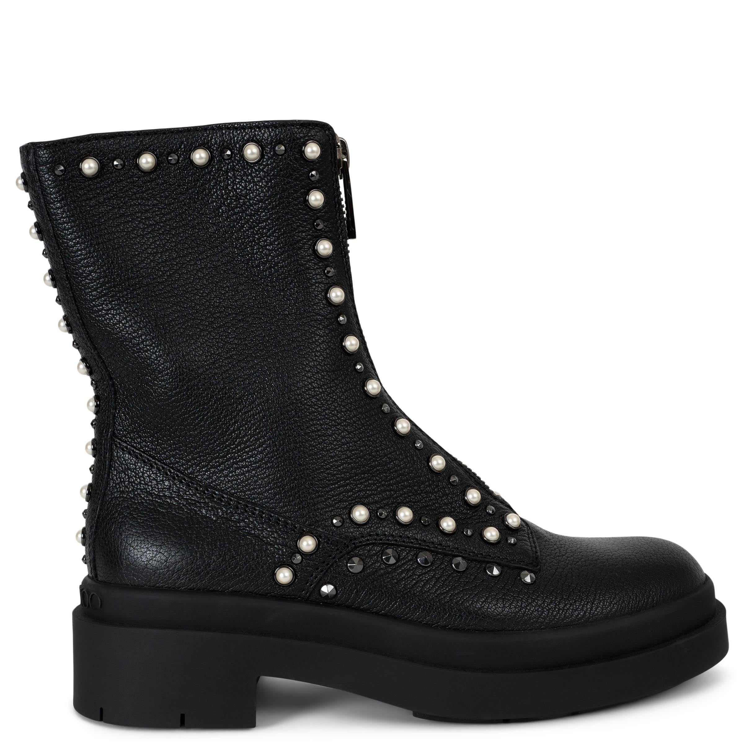 JIMMY CHOO black leather 2023 NOLA STUDDED COMBAT Boots Shoes 37 For Sale