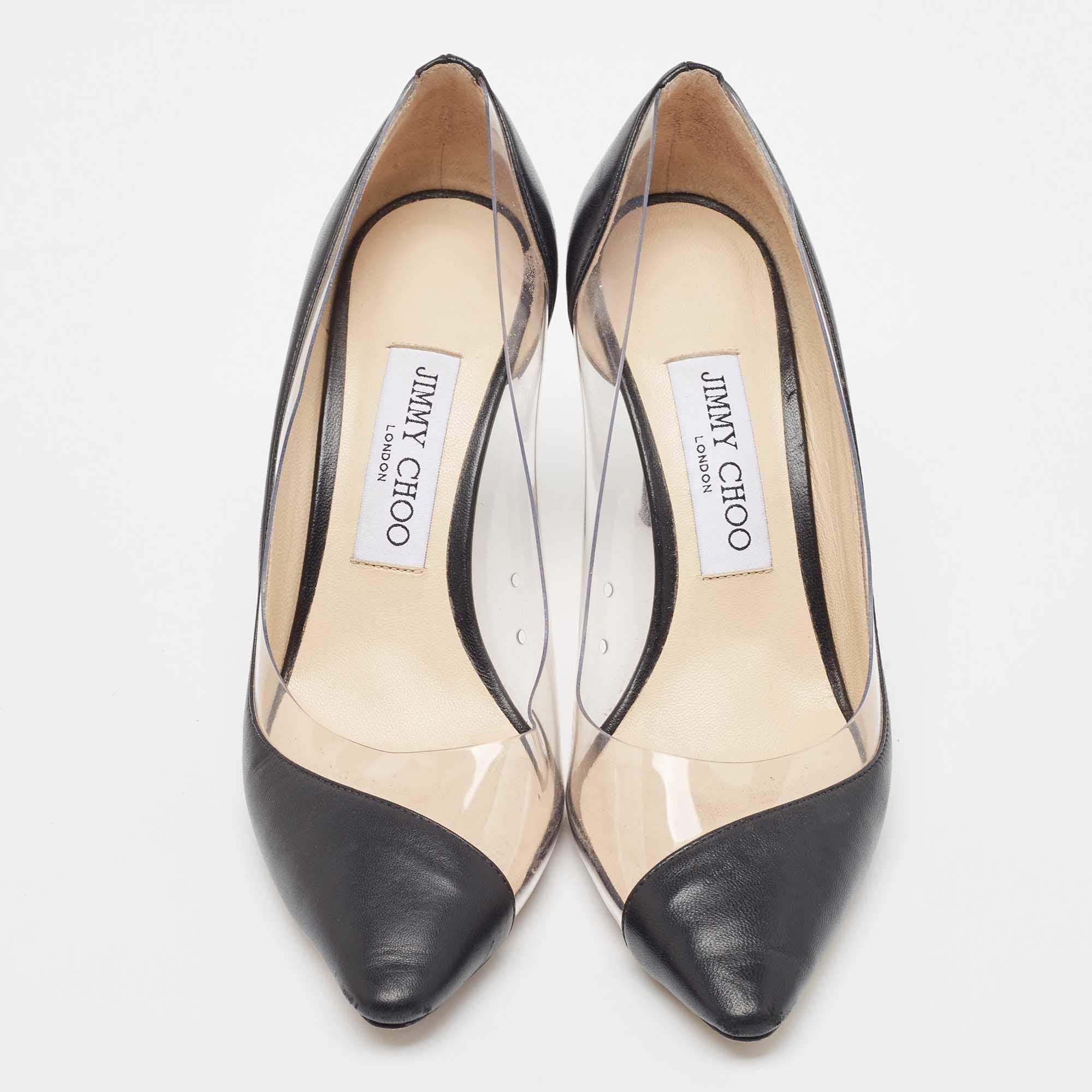 Jimmy Choo Black Leather and PVC Cass Pumps Size 37 In Good Condition For Sale In Dubai, Al Qouz 2