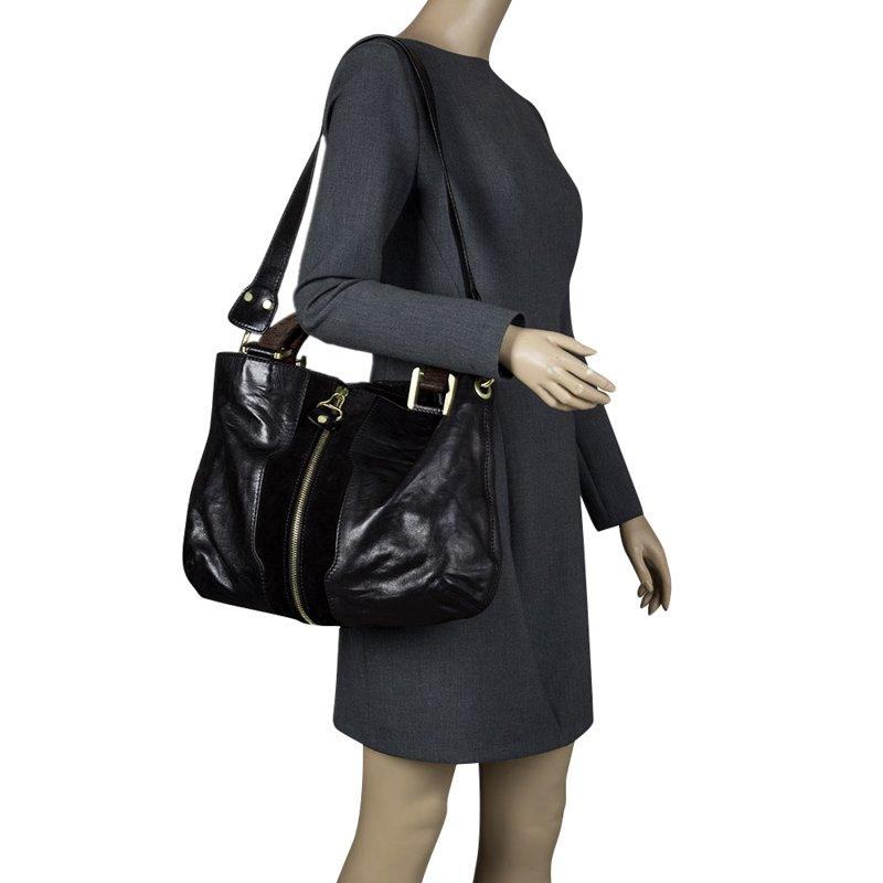 Jimmy Choo Black Leather and Suede Expandable Maia Top Handle bag In Good Condition In Dubai, Al Qouz 2