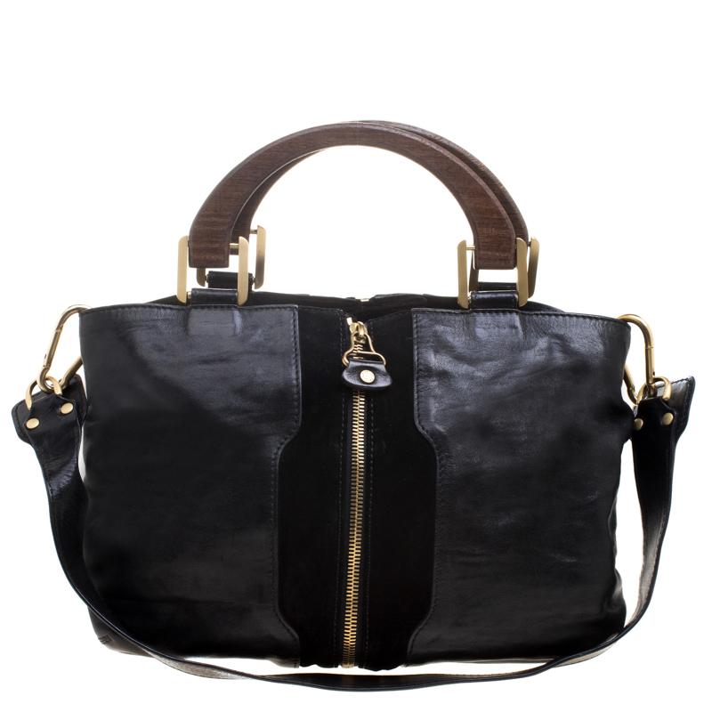 Jimmy Choo Black Leather and Suede Expandable Maia Top Handle bag
