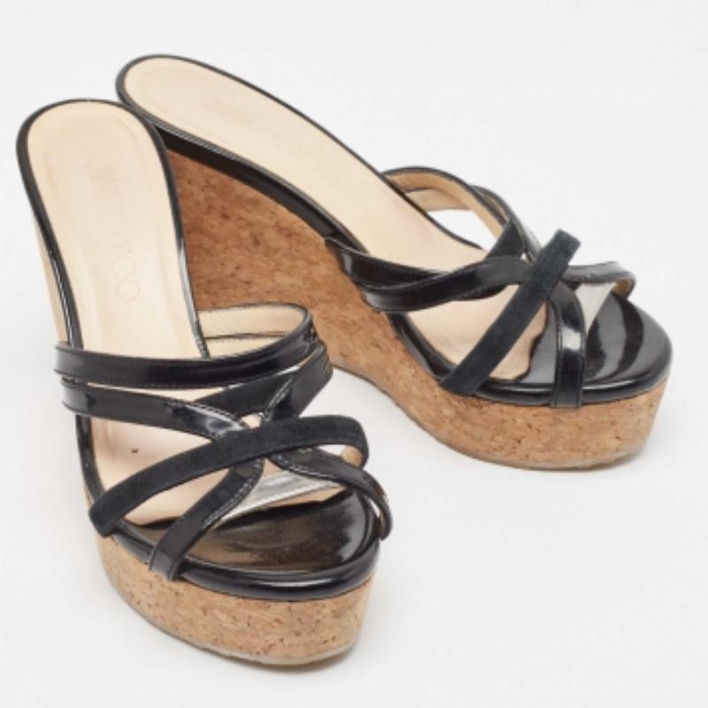 De las mujeres Jimmy Choo Sandalias negras de piel y ante con tiras y cuña de corcho Tamaño 35.5 en venta