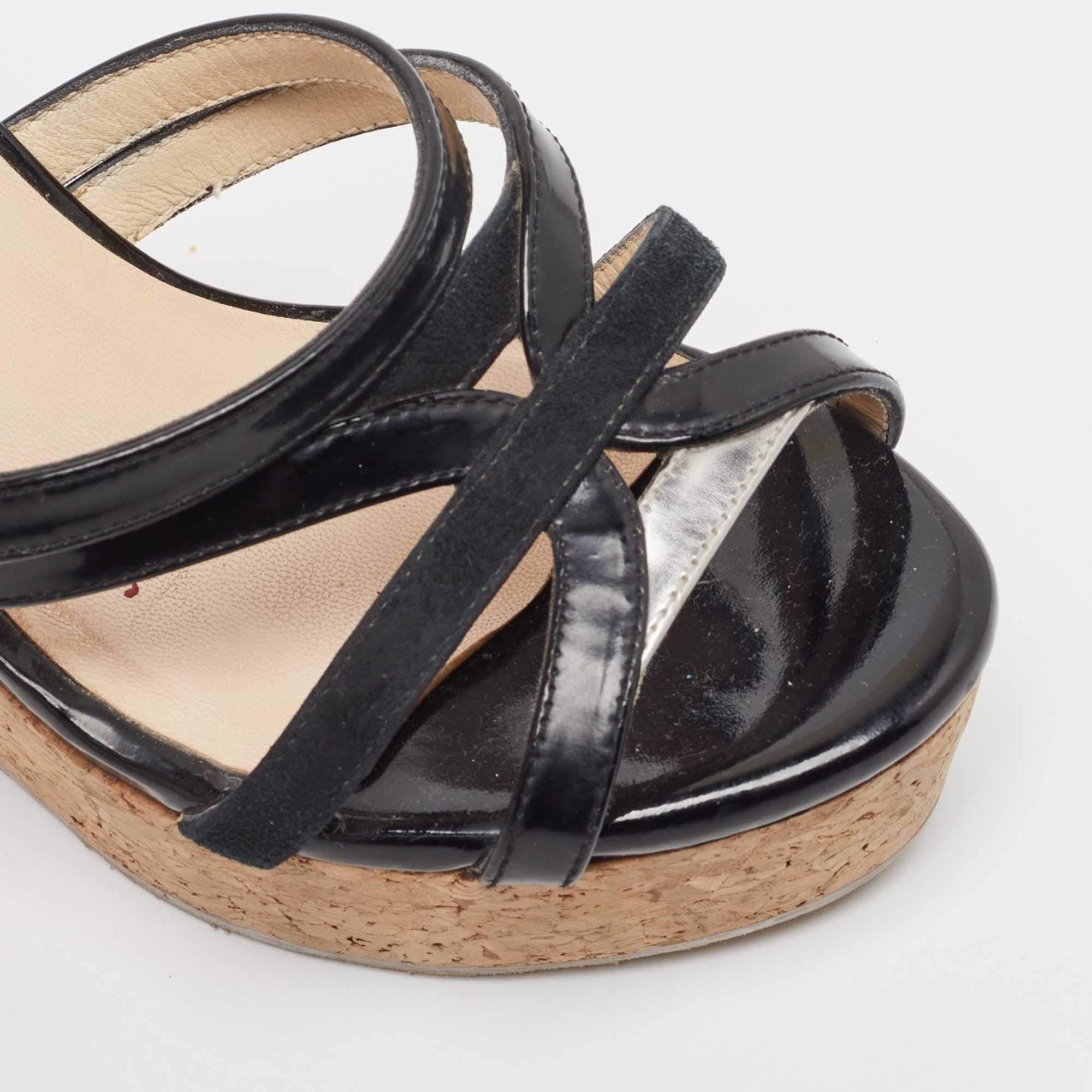 Jimmy Choo Black Leather and Suede Strappy Cork Wedge Slide Sandals Size 35.5 For Sale 3