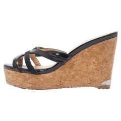 Jimmy Choo Black Leather and Suede Strappy Cork Wedge Slide Sandals Size 35.5