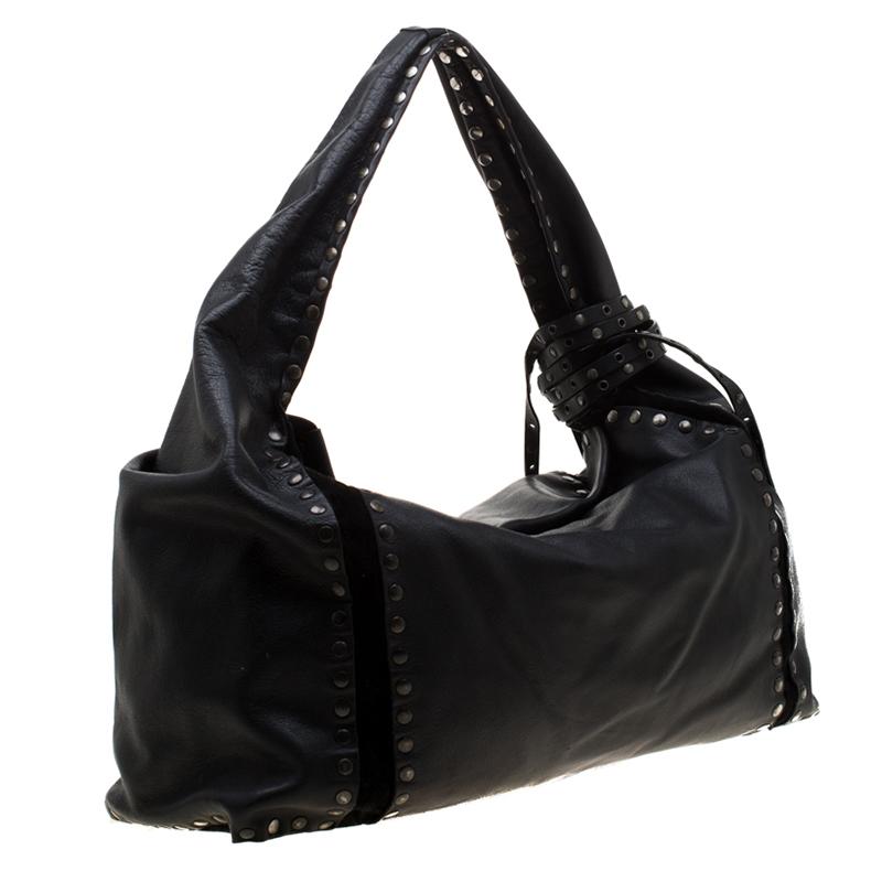Women's Jimmy Choo Black Leather and Suede Studded Saba Hobo