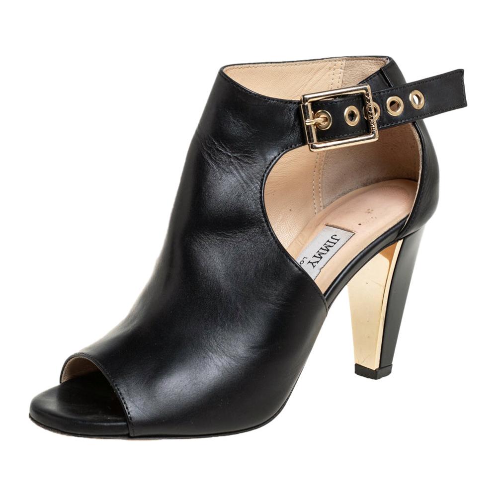 Jimmy Choo Black Leather Belted Detail Open Toe Ankle Boots Size 35