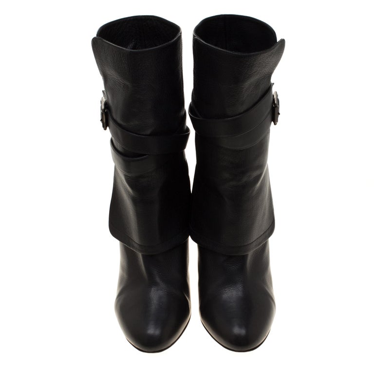 Jimmy Choo Black Leather Blaine Buckle Detail Mid Calf Boots 39.5 For ...