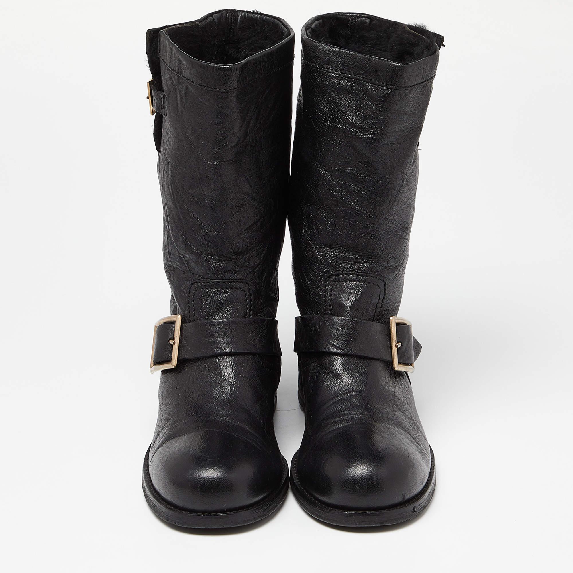 Jimmy Choo Black Leather Buckle Detail Mid Calf Biker Boots Size 38 For Sale 1