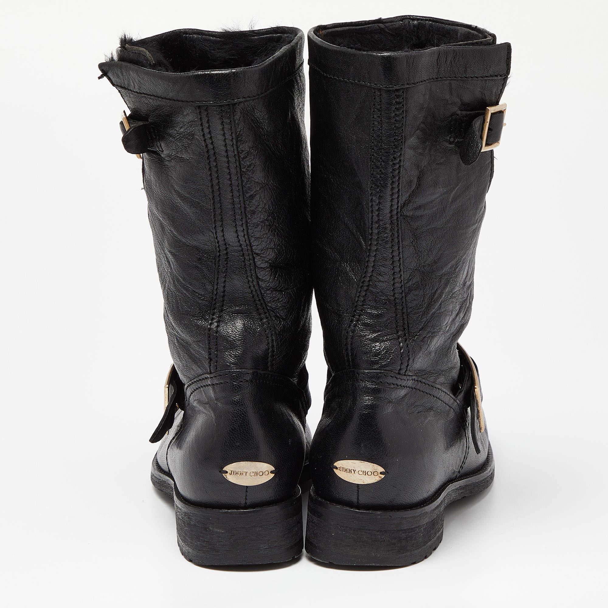 Jimmy Choo Black Leather Buckle Detail Mid Calf Biker Boots Size 38 For Sale 2