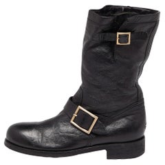 Used Jimmy Choo Black Leather Buckle Detail Mid Calf Biker Boots Size 38