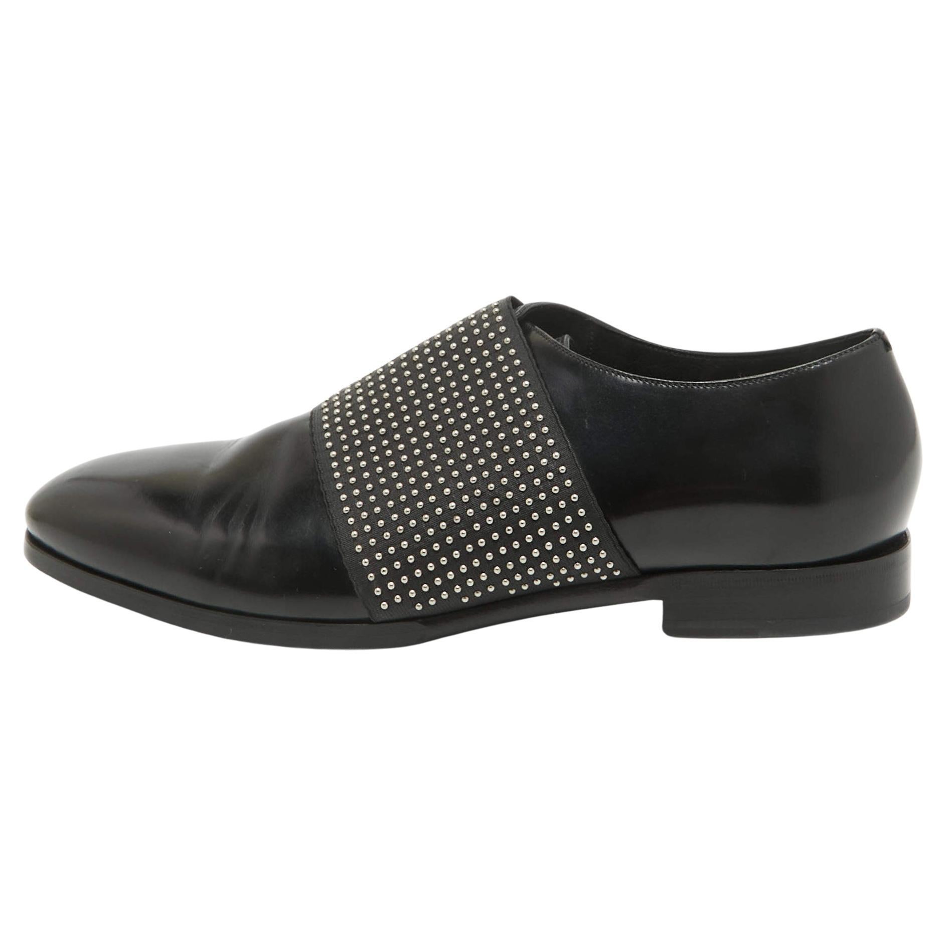 Jimmy Choo Black Leather Embellished Slip On Loafers Size 42 For Sale
