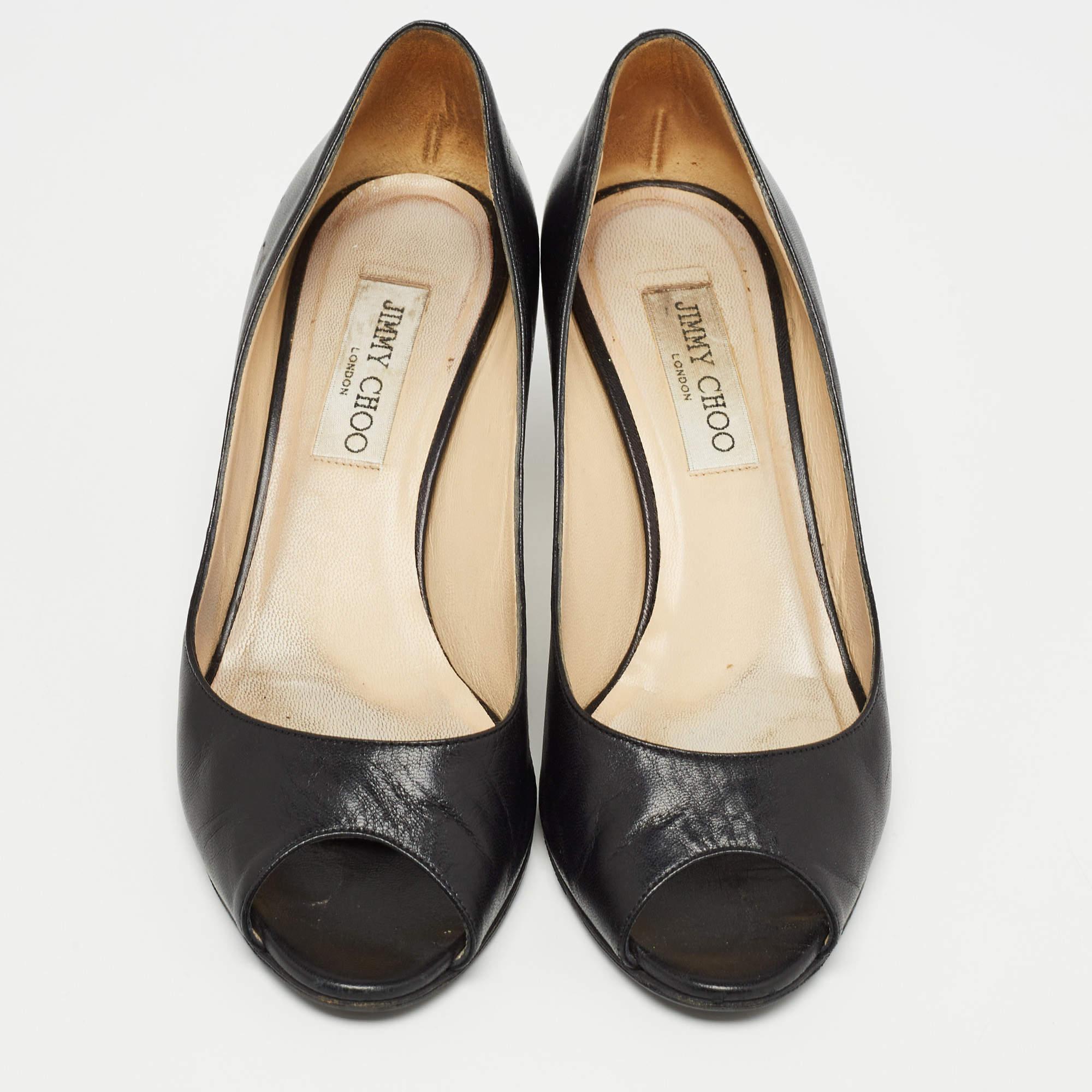Jimmy Choo Black Leather Evelyn Peep Toe Pumps Size 38 In Good Condition In Dubai, Al Qouz 2