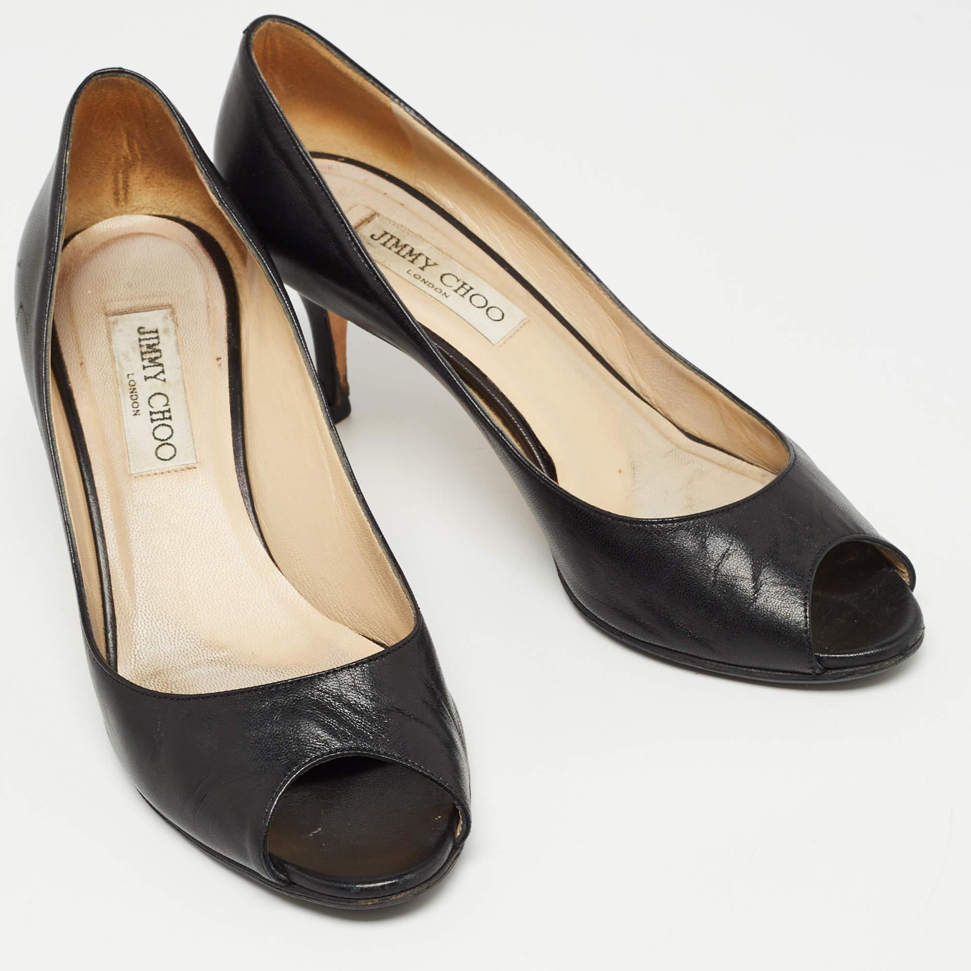 Women's Jimmy Choo Black Leather Evelyn Peep Toe Pumps Size 38