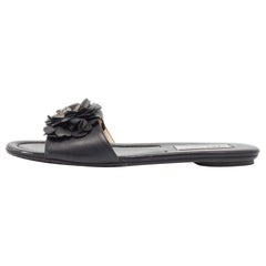 Jimmy Choo Black Leather Floral Appliqu&eacute; Neave Flat Slides Size 38.5