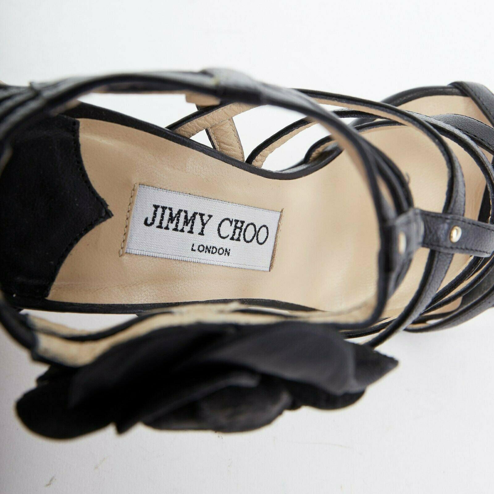 JIMMY CHOO black leather flower brooch caged strappy heel sandals EU35.5 US5.5 For Sale 2