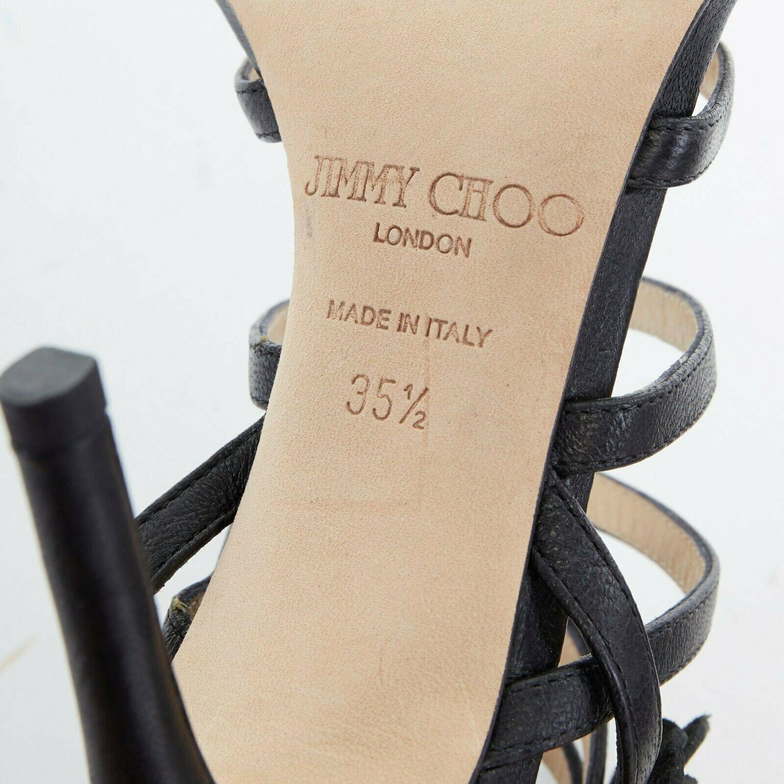 JIMMY CHOO black leather flower brooch caged strappy heel sandals EU35.5 US5.5 3