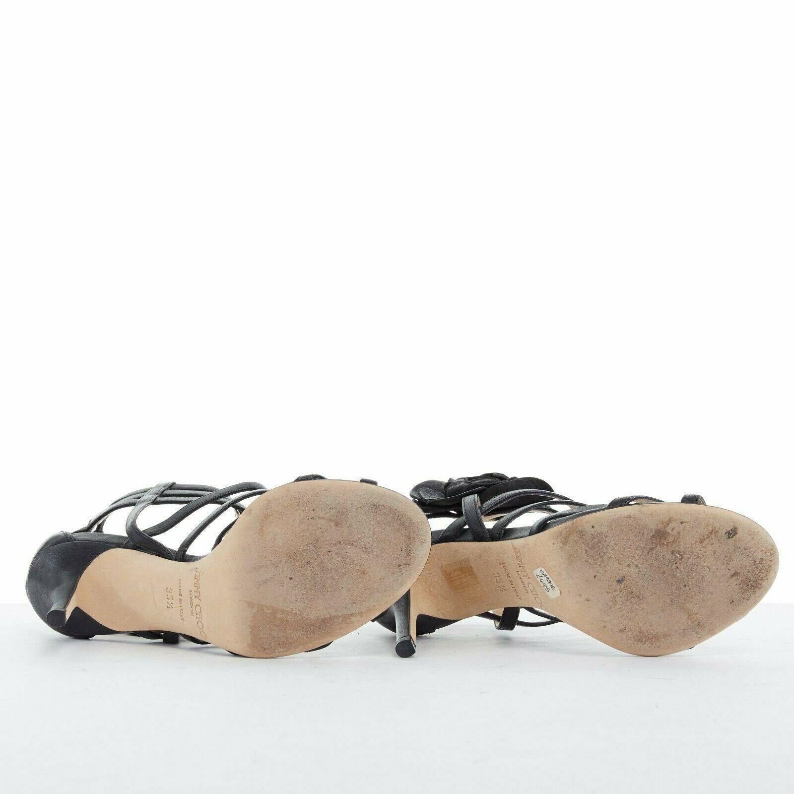 Black JIMMY CHOO black leather flower brooch caged strappy heel sandals EU35.5 US5.5